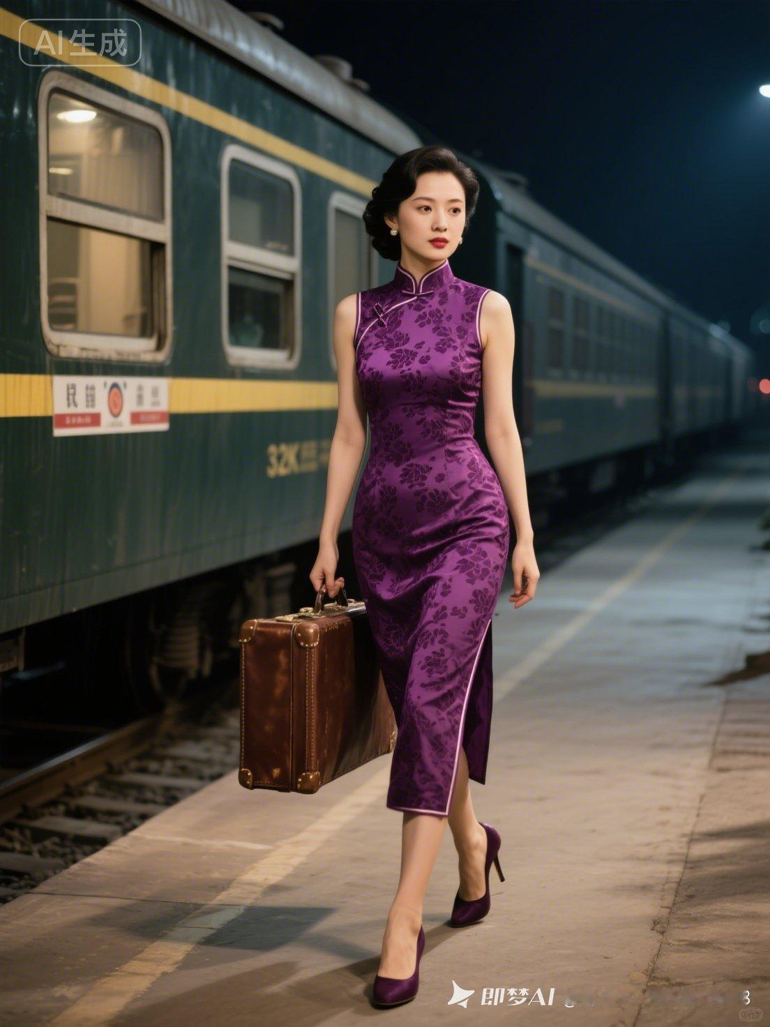 一位穿着旗袍的女士在火车站。