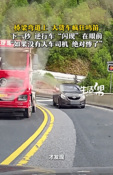 桥梁弯道上大货车疯狂鸣笛，下一秒逆行车“闪现”在眼前，