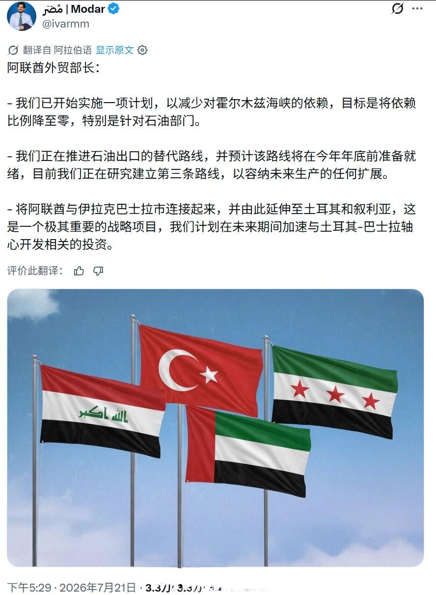 阿联酋贸易部长表示，该国计划停止从霍尔木兹海峡出口原油，目前正在建设相关原油出口