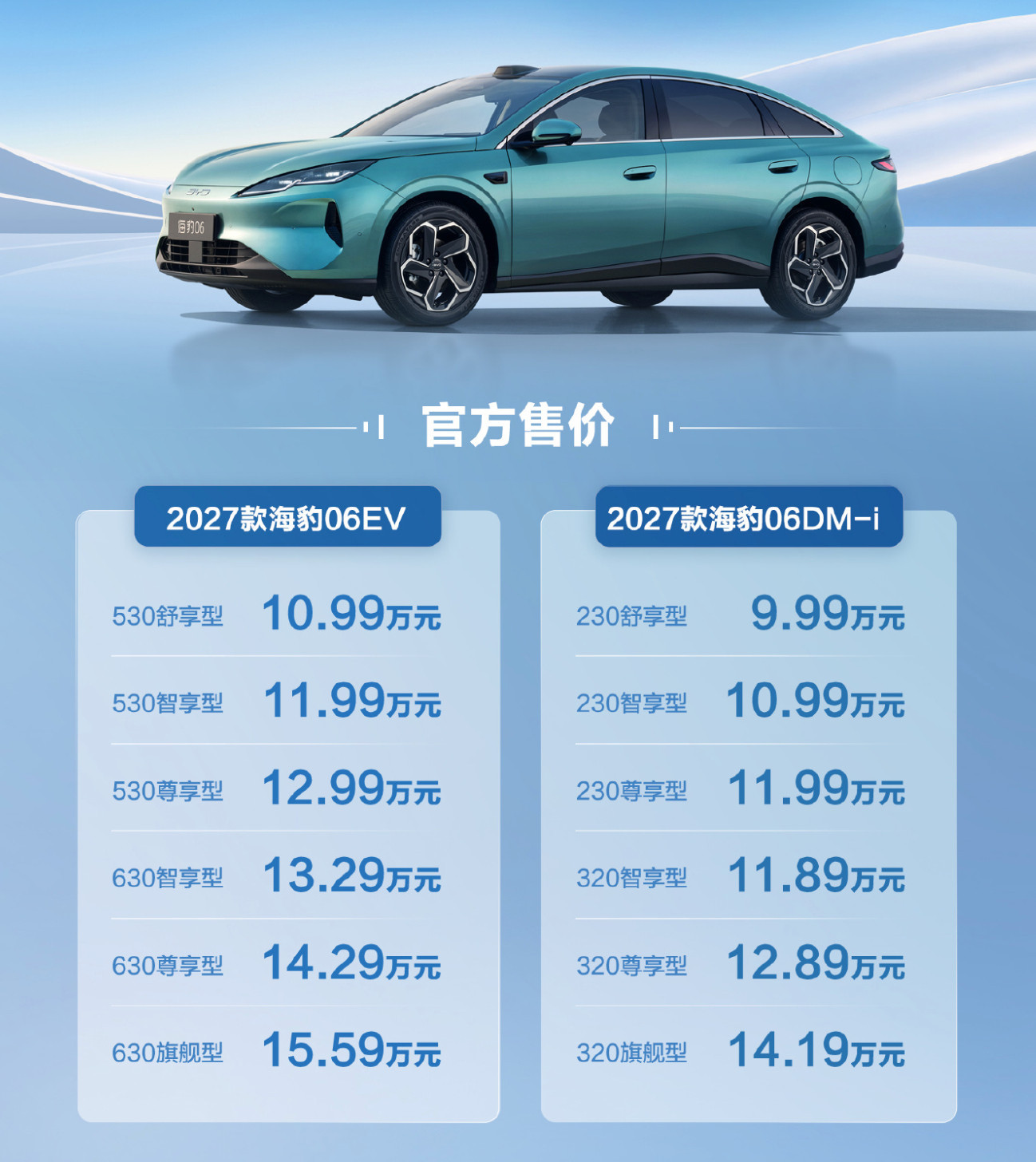 2027款海豹06正式上市，插混9.99万—14.19万，纯电10.99万—15