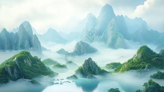 云雾缭绕的仙境，宛如一幅流动的水墨画。山峦在云海中若隐若现，仿佛是仙
