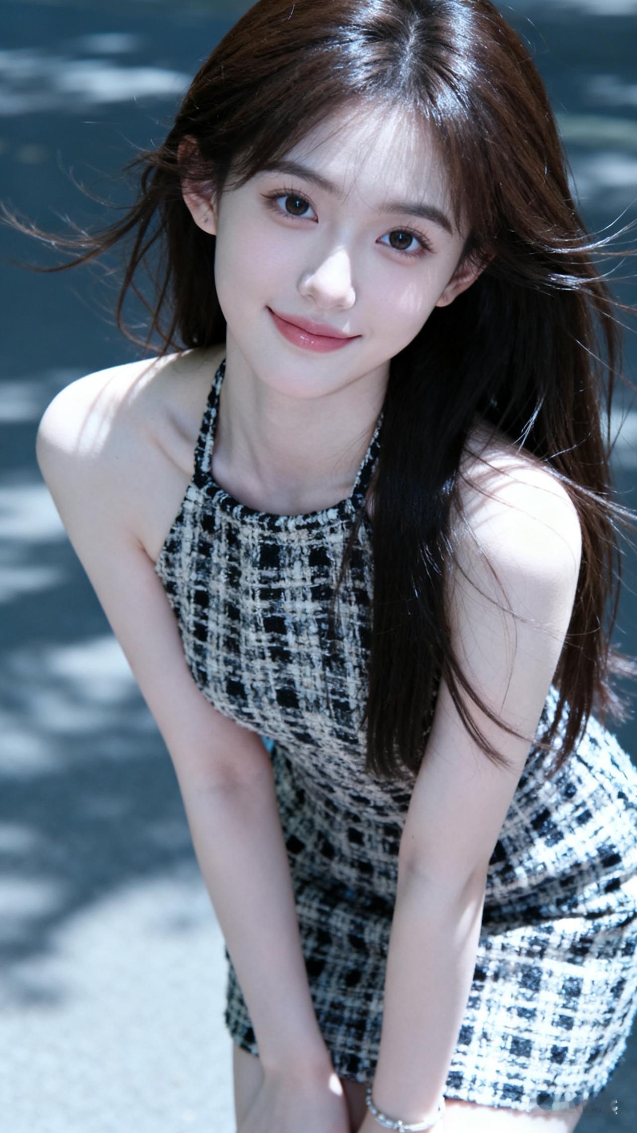 阳光下的甜美少女，黑白色格裙，清新自然