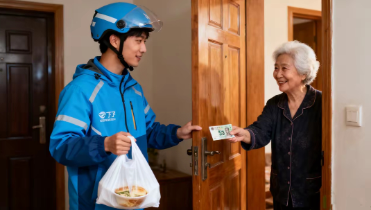 今天看到一则关于孤寡老人的新闻。上海有位83岁的老太太，有天她点了份外卖，等外卖