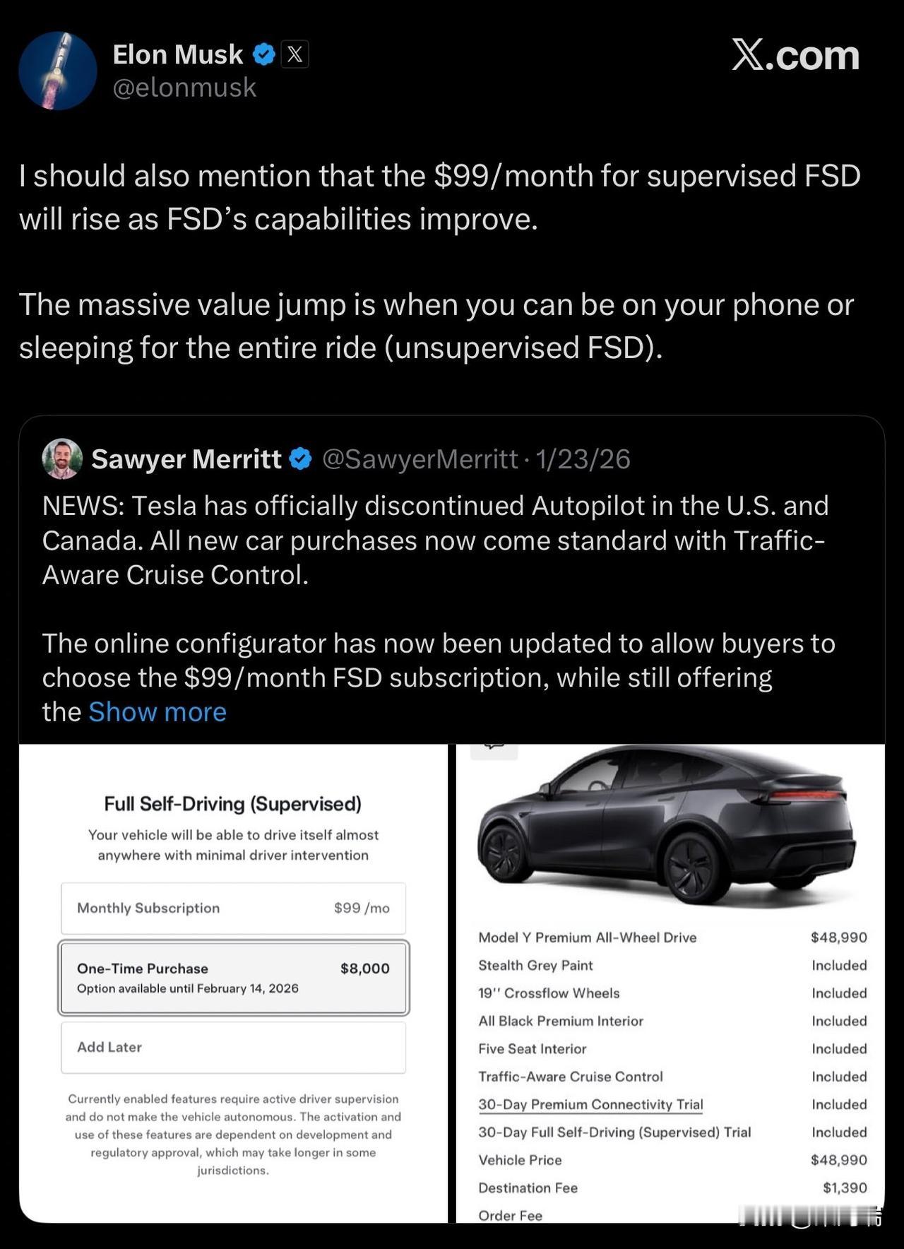 马斯克发文确认，特斯拉将于2月14日后停止以一次性付费方式销售FSD，全面改