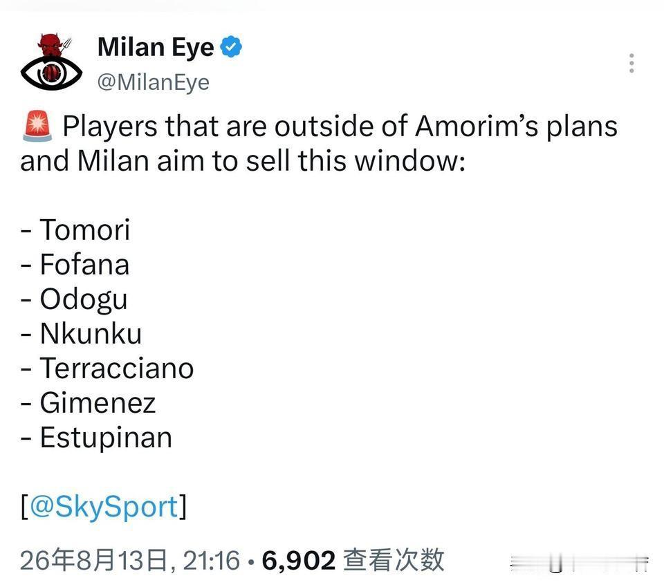 排除在外！米兰有多名球员被阿莫林排除在未来阵容之外，不在阿莫林技术计划中的球员不