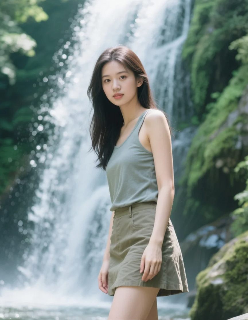山涧瀑布边的亚洲美女，清新脱俗宛如精灵