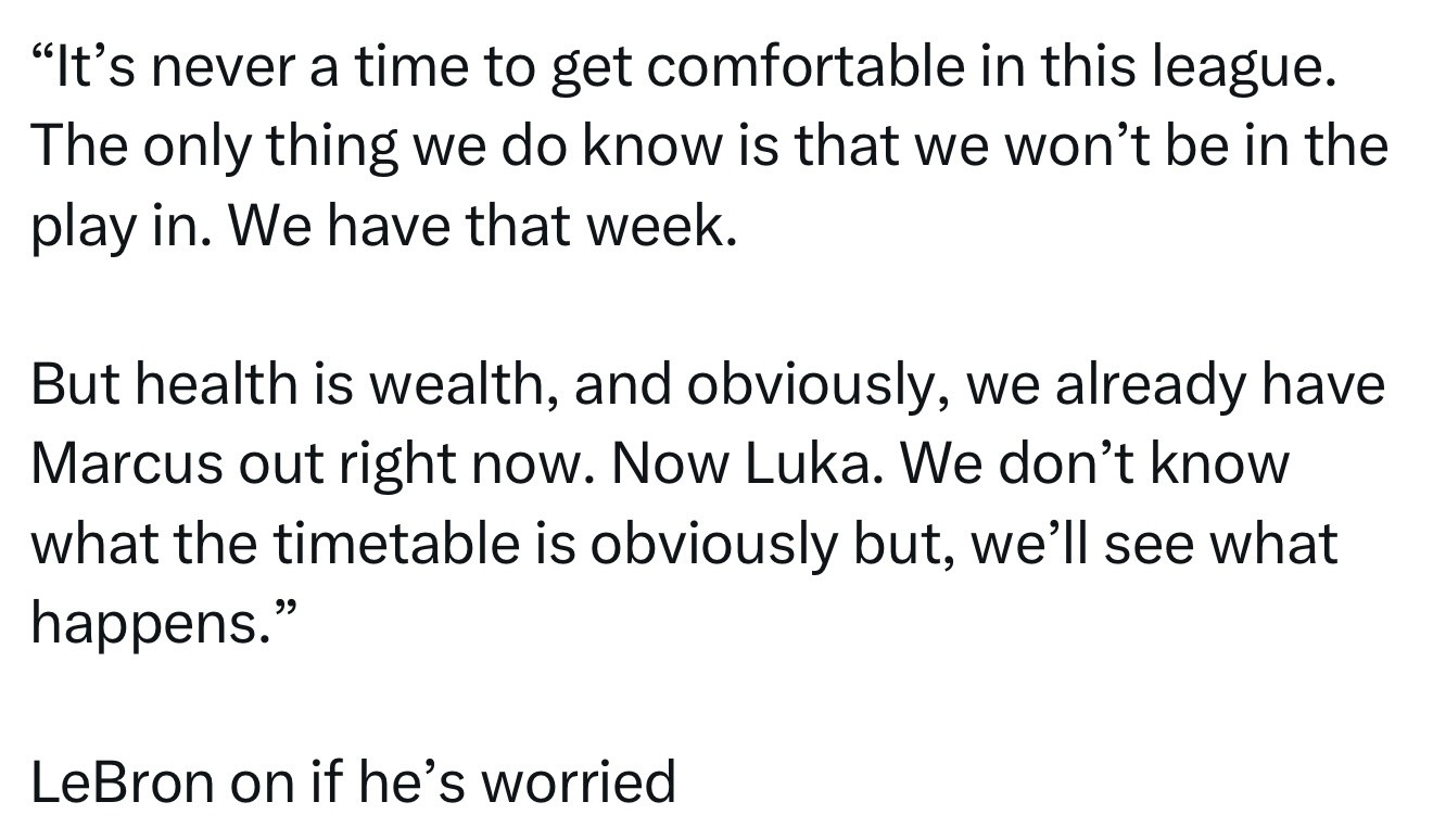 当被问及是否感到担忧时，詹姆斯表示：“在这个联盟里永远不能掉以轻心。目前唯一能确