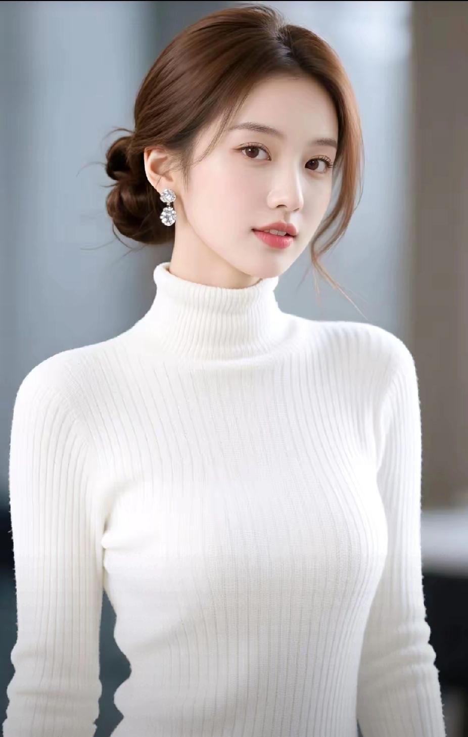 温柔优雅的白色高领毛衣，搭配精致耳环，尽显知性美！