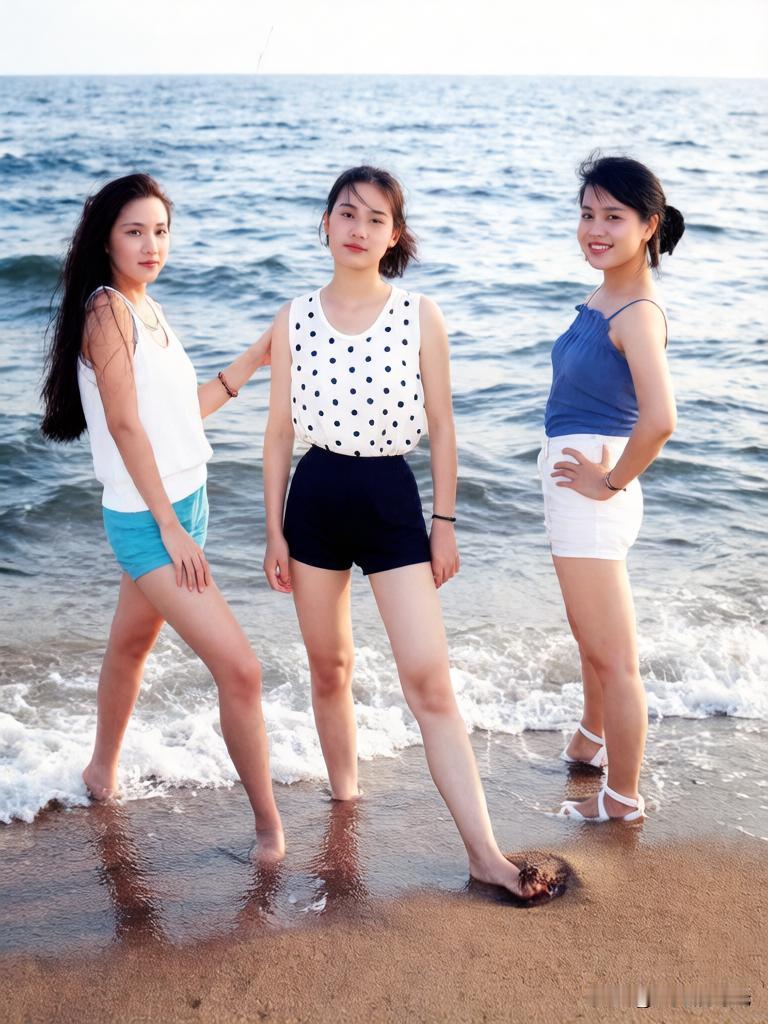 据说这是1982年几个女明星在秦皇岛拍的一张照片，三人我都不认识，但我很喜欢这张