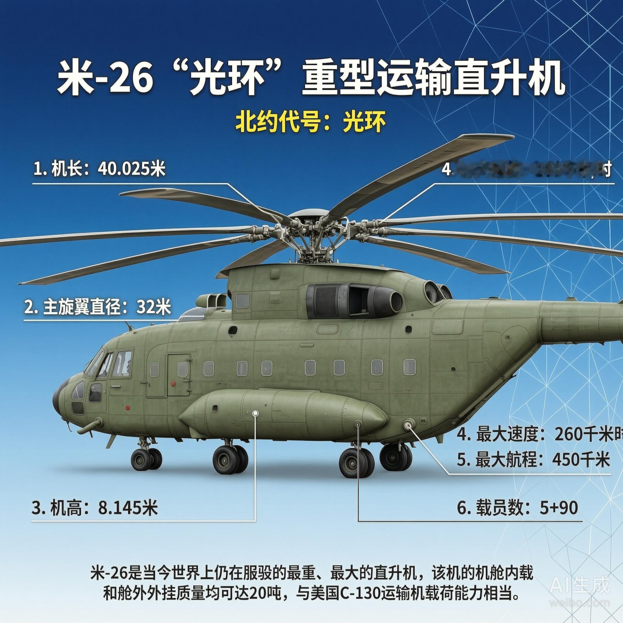 军事ai新视野米-26“光环”运输直升机［苏］机长：40.025米主旋翼直径：