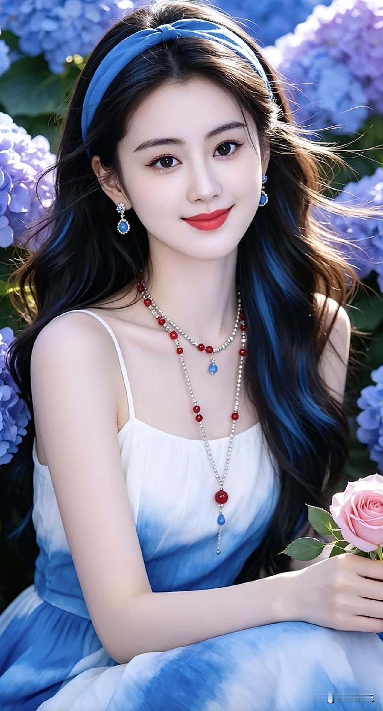 蓝衣美人倚花笑，红唇轻启似有言。淡雅蓝裙照绿裙美人红唇美人图红唇美人图绿