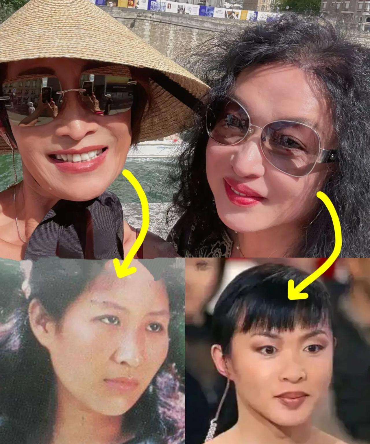 金星和沈小岑看来也是朋友，两人在异国他乡一起合影摆造型，沈小岑露肩装，小麦色的胳