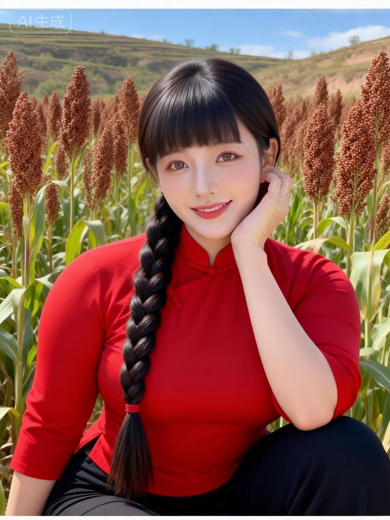 红衣美人倚田间，笑语盈盈似画卷。