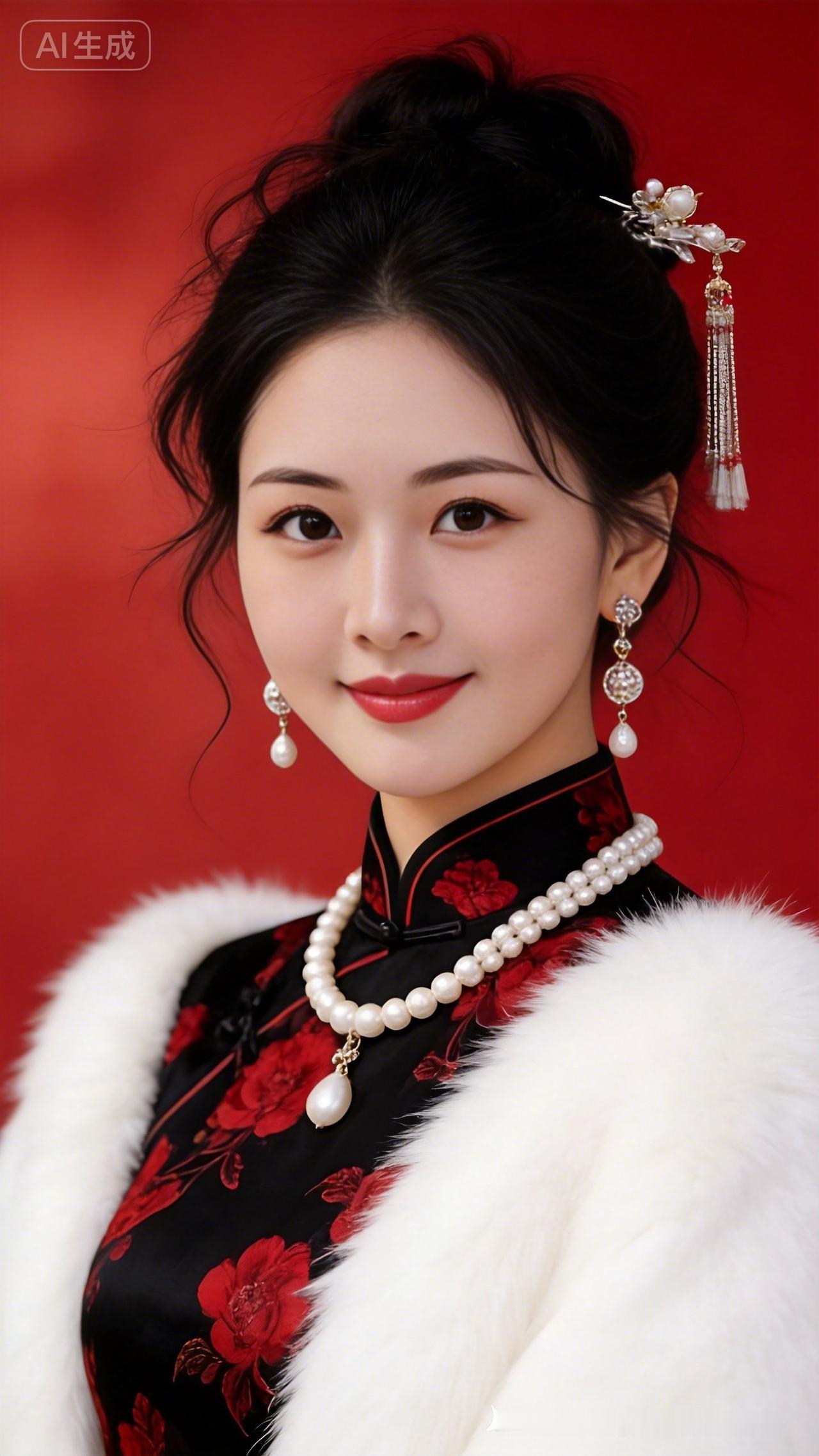 绝色美人，肌肤白皙细腻光滑，盘发微乱蓬松。身着黑红印花高级旗袍，搭配白色披毛毛肩
