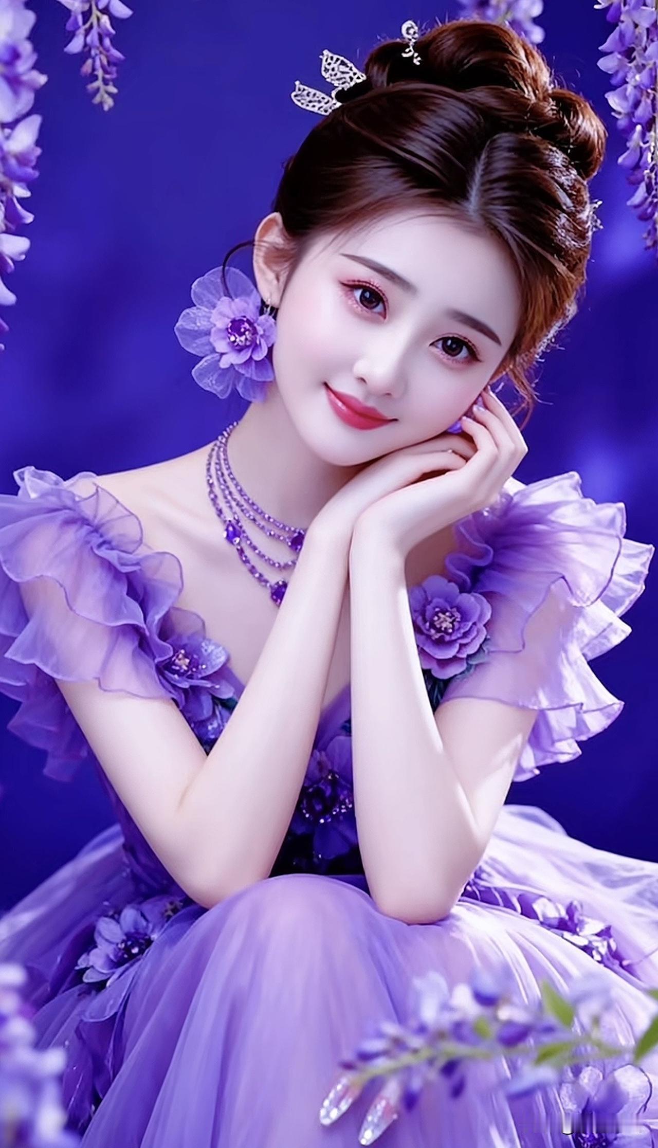 紫衣美人倚花笑，春光满面映芳华。紫裙倚坐湖畔紫裙照绿裳春景照湖畔紫裙照绿