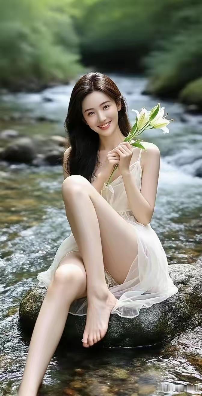 溪水轻吻脚踝，白裙如云，手捧百合笑靥，林间每一秒都是温柔的治愈时光。