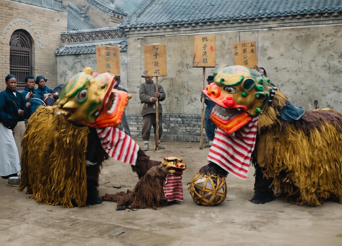 清末民初，北方民间舞狮表演，两只大狮带着一只小狮，玩着绣球，热闹非凡。照片中的