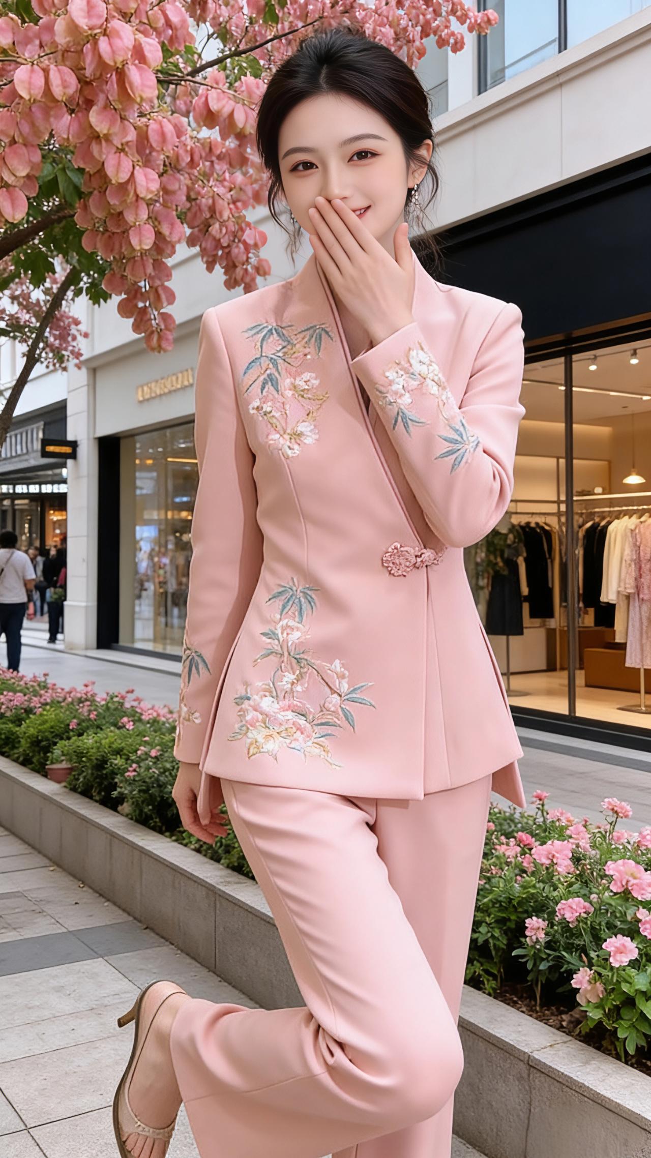 粉樱与风的私语风掠过商业街的橱窗，把粉樱的絮语揉进衣料的纹理里。她站