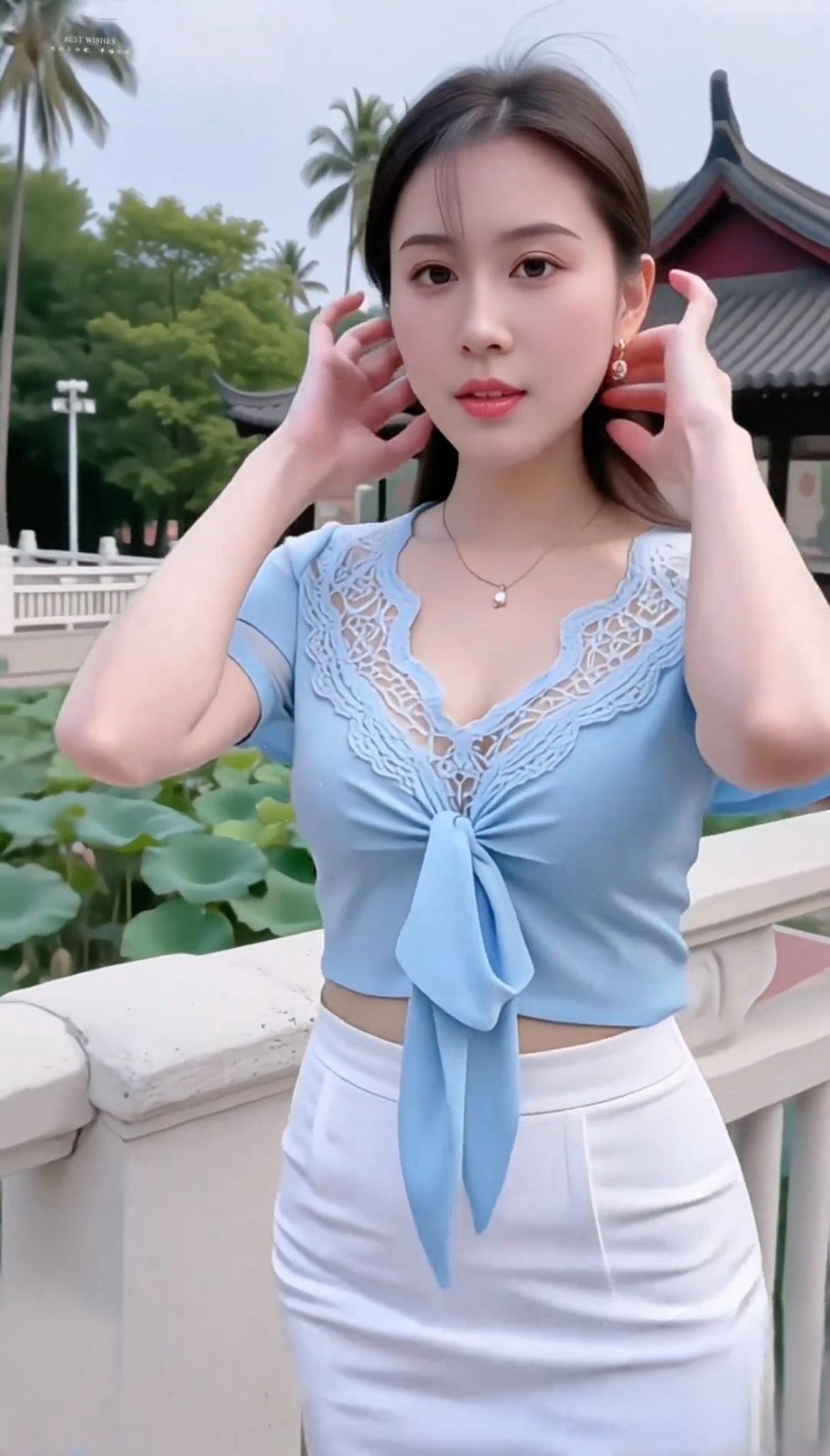 清新穿搭，浅蓝色蕾丝上衣搭配白色高腰裙，优雅又减龄！