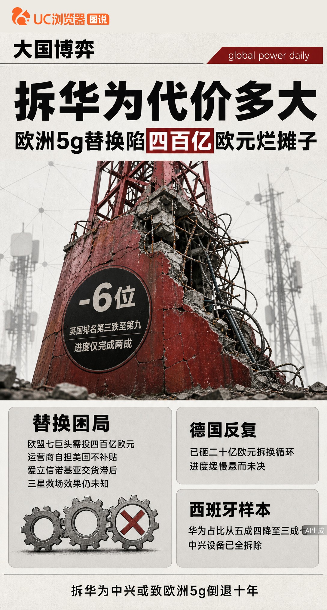 英国5G排名从全球第三跌到第九，只因拆华为进度严重滞后。原计划2024年拆完，如今2026年才完成两
