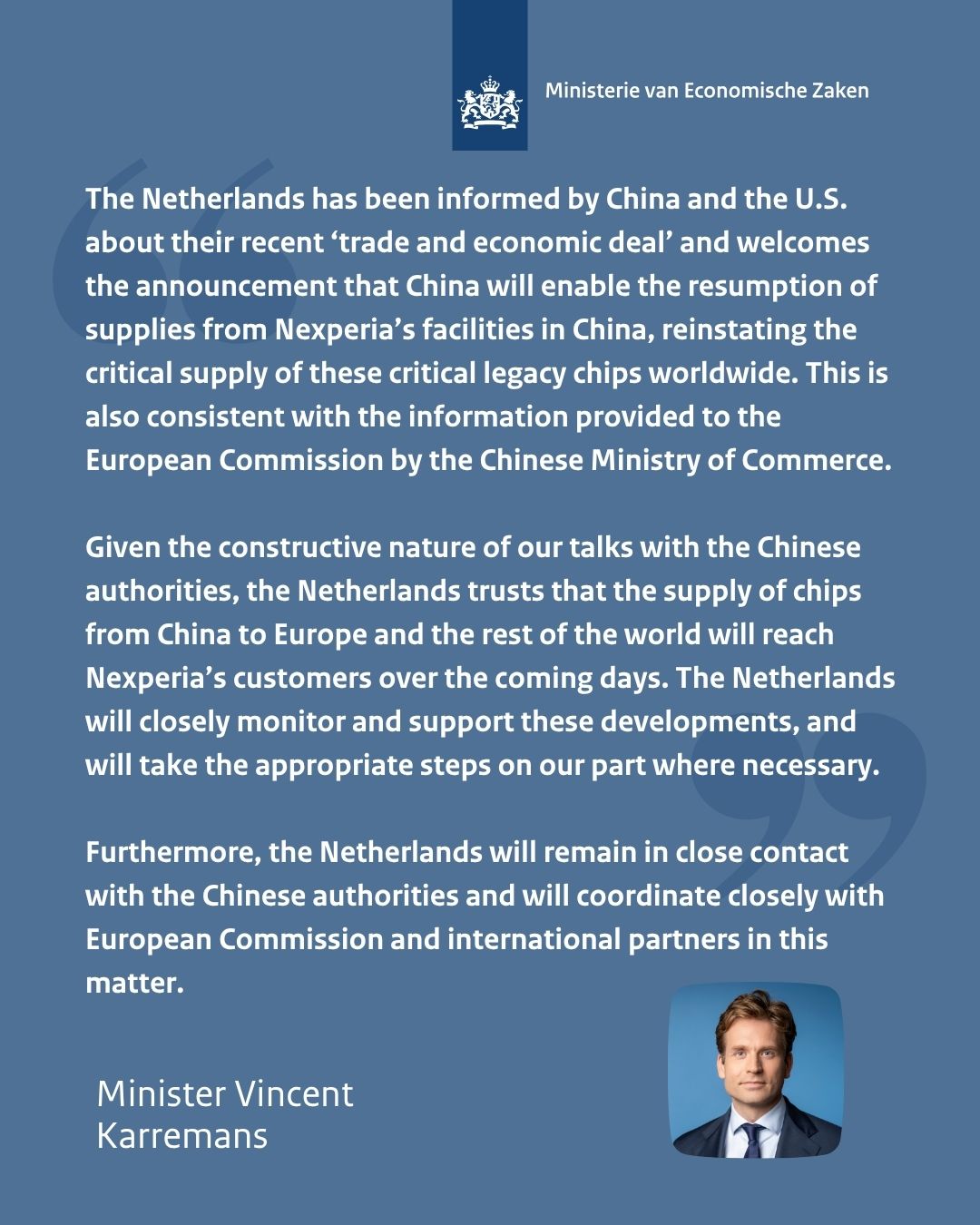 荷兰政府: 预计安世中国将很快恢复芯片供应, 荷方将继续与中方、欧盟等密切协调