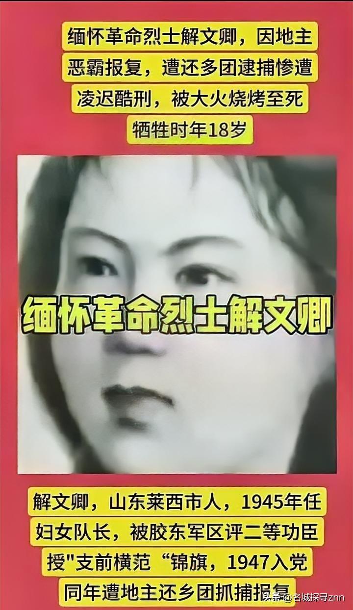 1947年，解文卿落入“还乡团”之手，敌人抓起她的头发，把她吊在屋梁上，用刺槐棍