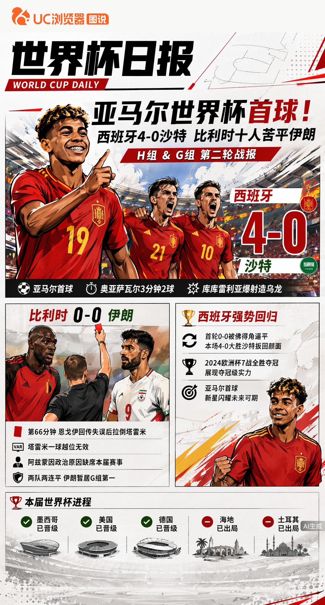 亚马尔世界杯首球！西班牙4-0沙特，比利时十人苦平伊朗