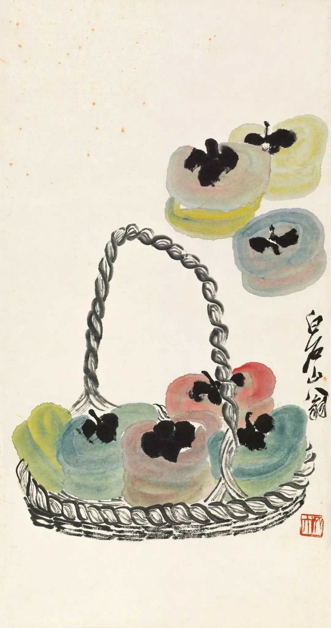 齐白石《事事如意》设色纸本68×33.5cm。齐白石绘柿子，时有见之，此作尤