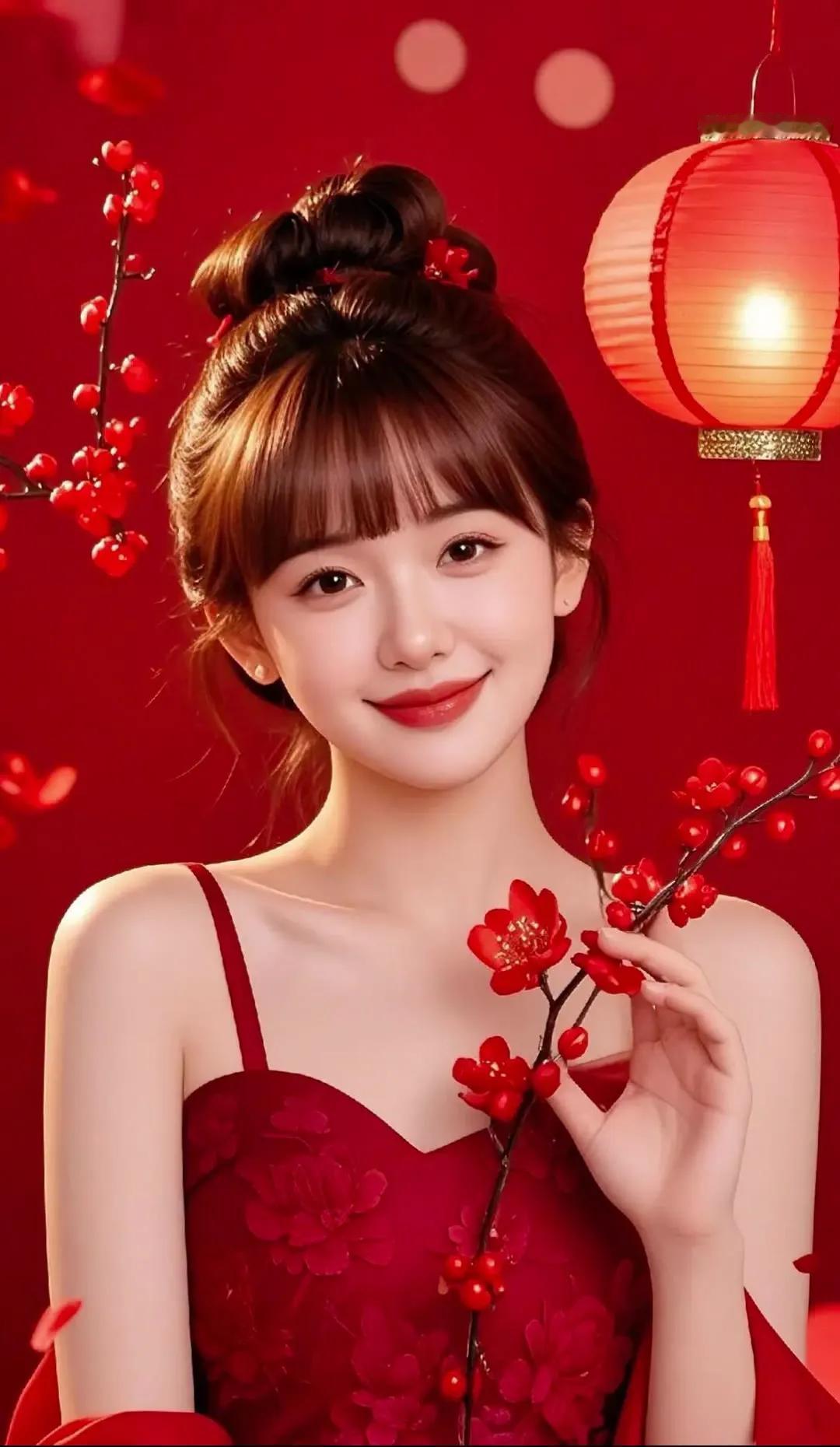 红衣少女与灯笼相伴，绽放新年光彩！🌸迷人的微笑