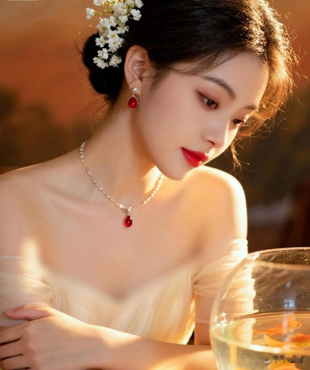 米白纱裙裹着柔润质感，红宝饰件与白花发簪相映。暖灯漫过肩头，垂眸望向金鱼缸的瞬间