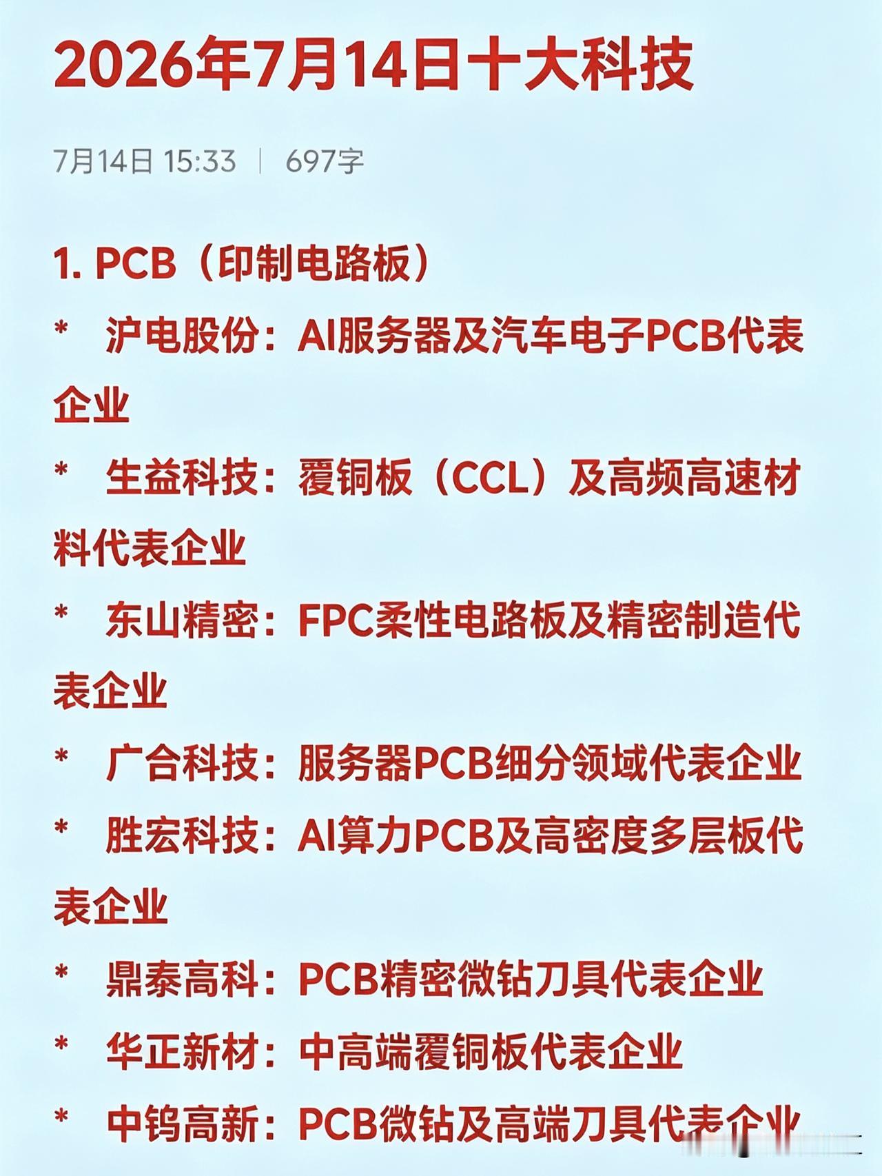 2026年7月14日十大科技1.PCB（印制电路板）*沪电股份：A