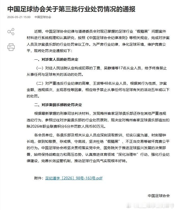 2026年5月21日，中国足协正式公布足坛“假赌黑”专项整治第三批处罚名单，持续