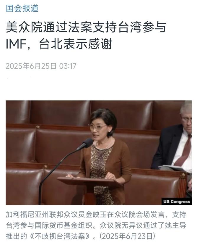美国中文媒体今天（6月25日）报道：“美众院通过法案支持台湾参与IMF，台北表示