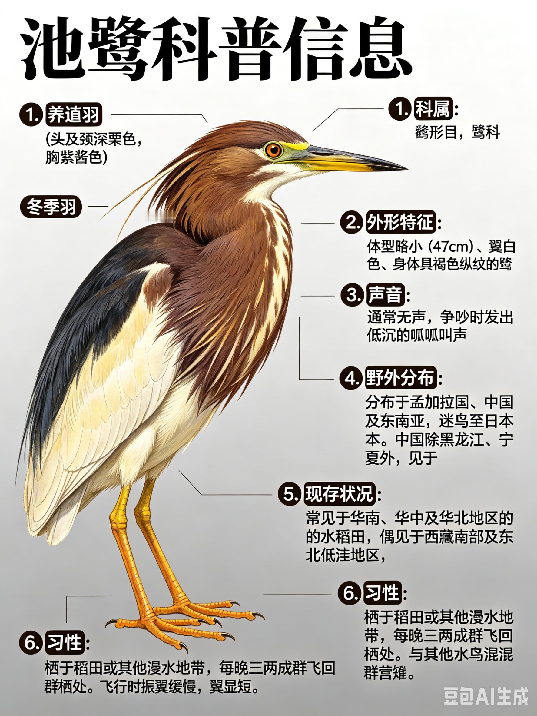 鸟类朋友图鉴池鹭·科属：鹳形目，鹭科。·外形特征：体型略小（47cm）、翼白色
