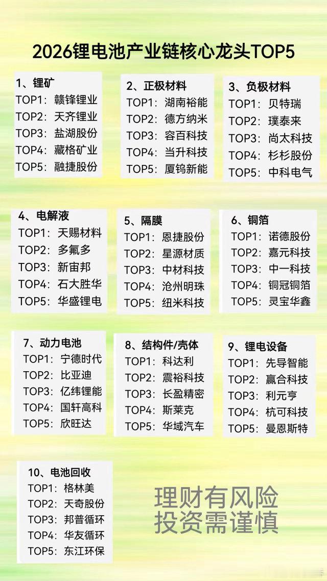 锂电池10大核心赛道龙头股，从上游锂矿到下游回收，标杆都在这。你们更看好哪个赛道