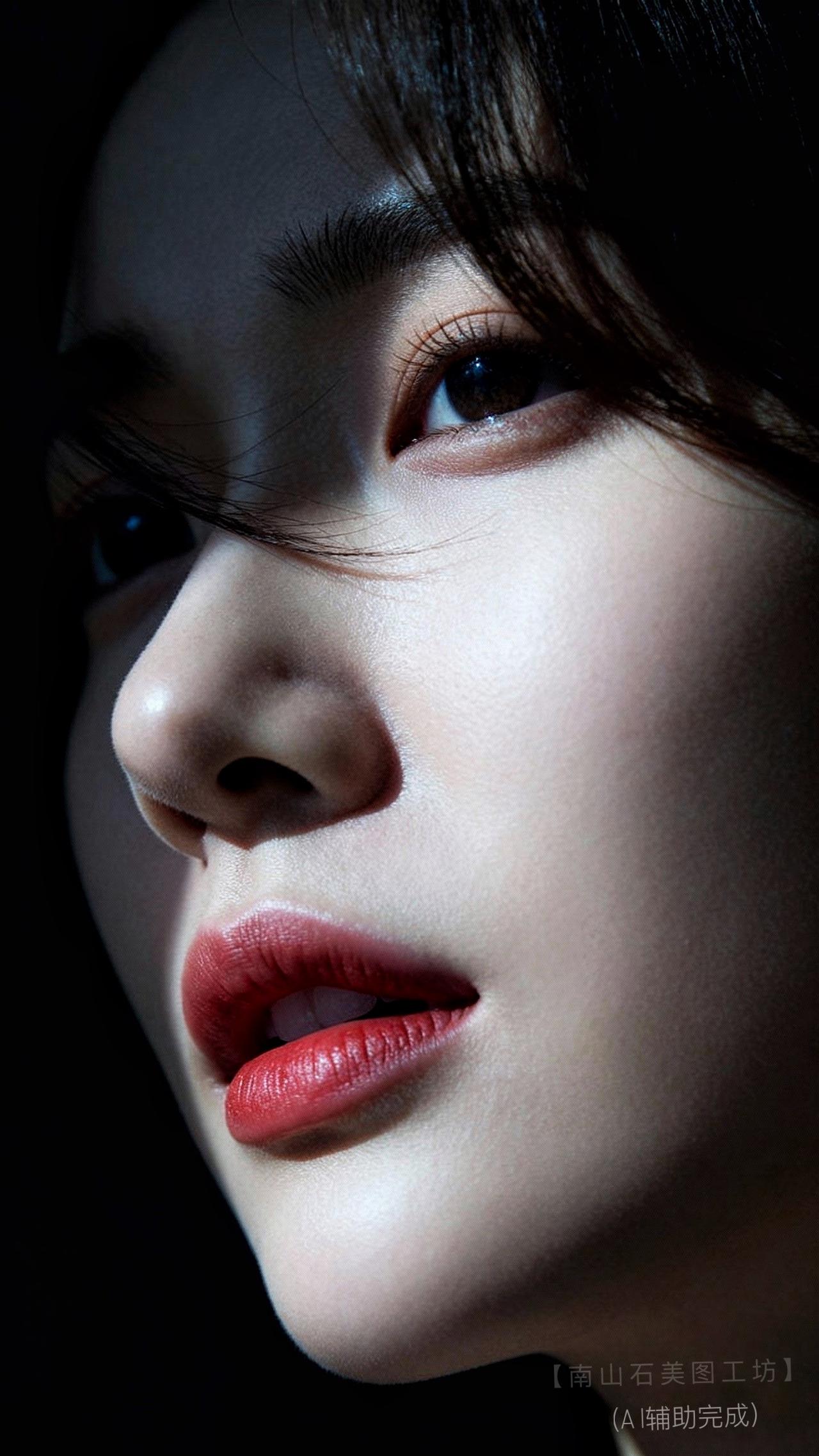 暗调光影如墨绘，雕琢她锋利下颌与明艳红唇。睫羽垂落藏星，发丝似风抚过，冷艳与温柔