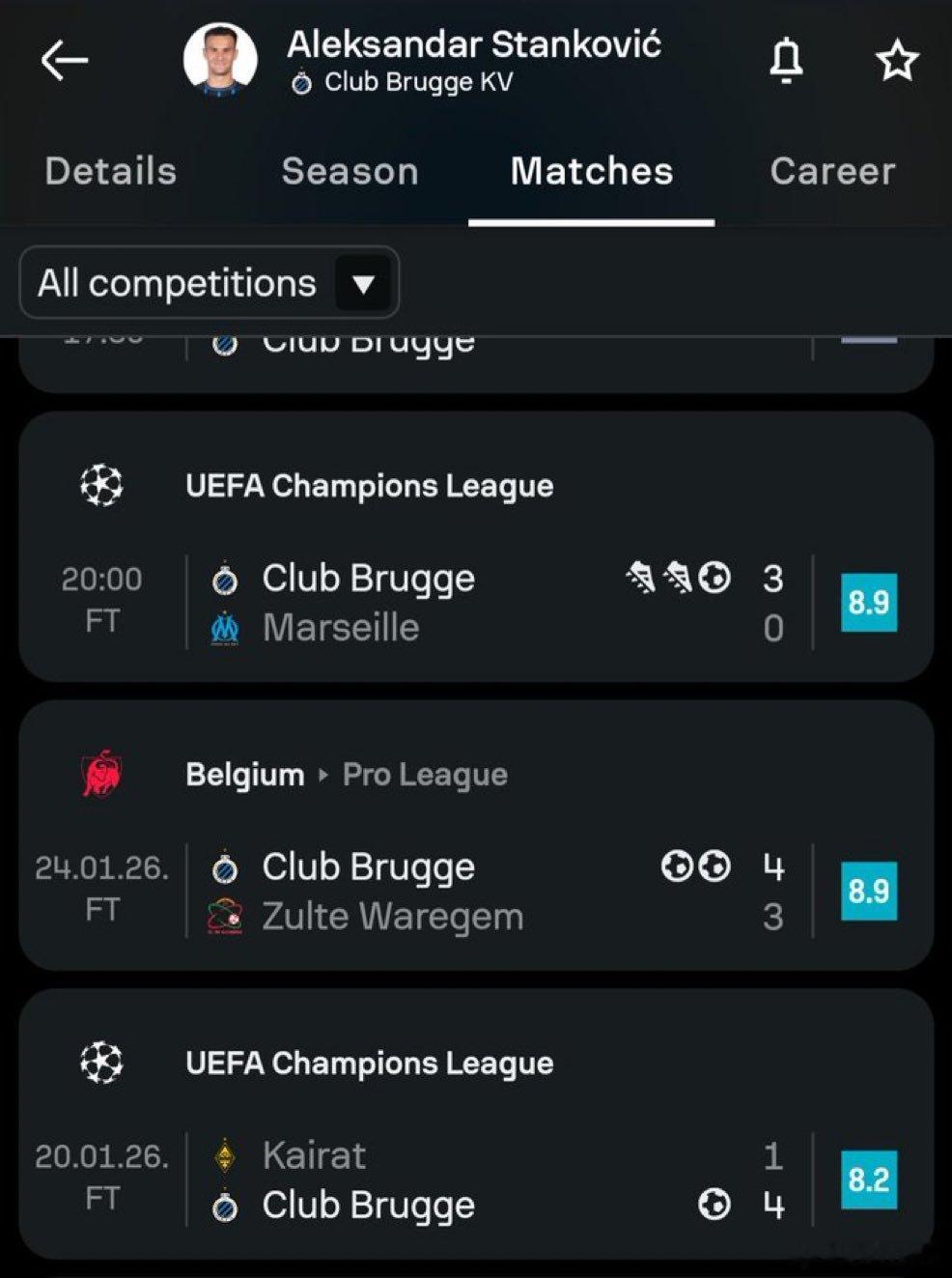 在最近的3场比赛中斯坦科维奇贡献了4球2助攻欧冠直通淘汰赛8队出炉热点现场许