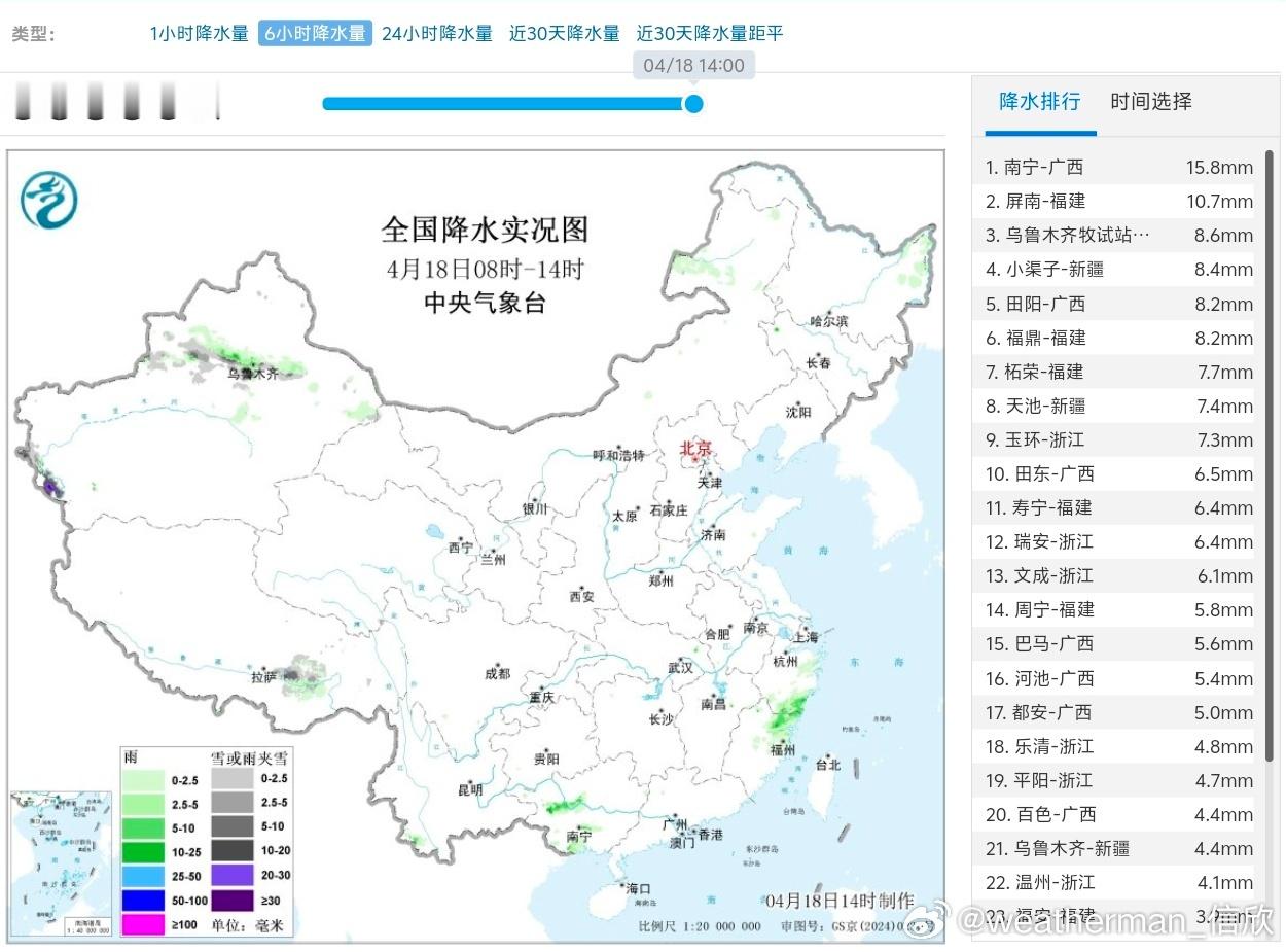 【降水】今天08-14时，我国晴天多、降水少。新疆天山沿线以及新疆西南部山区、西
