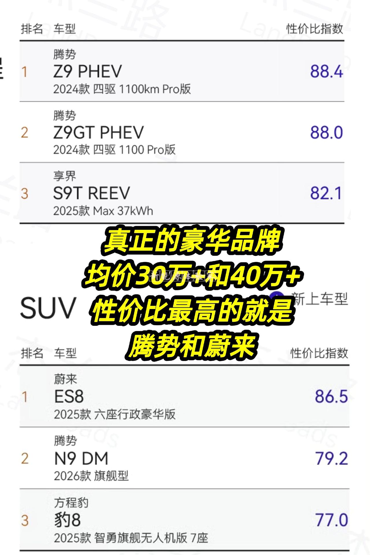 真正的豪华品牌，是30万以上和40万以上。这个区间，性价比最高的就是腾势蔚来。
