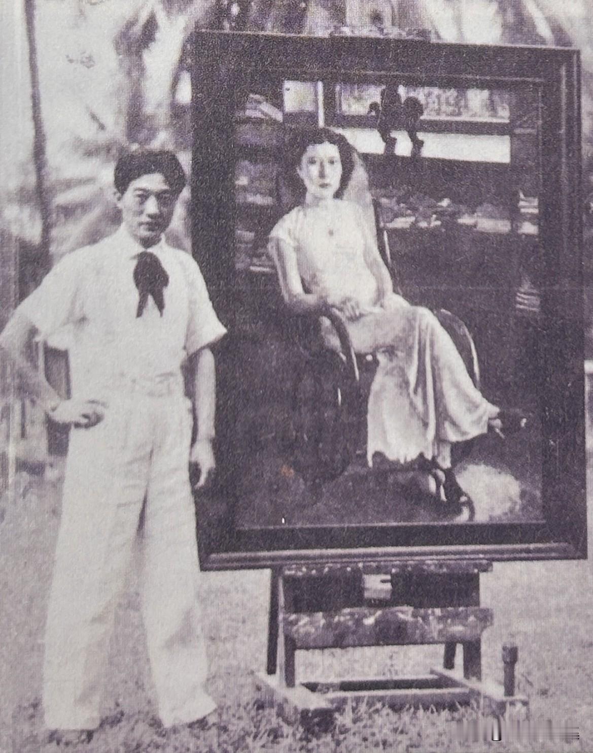 1939年，徐悲鸿与其油画《珍妮小姐像》。画中的珍妮小姐穿着浅色短袖旗袍坐在一把