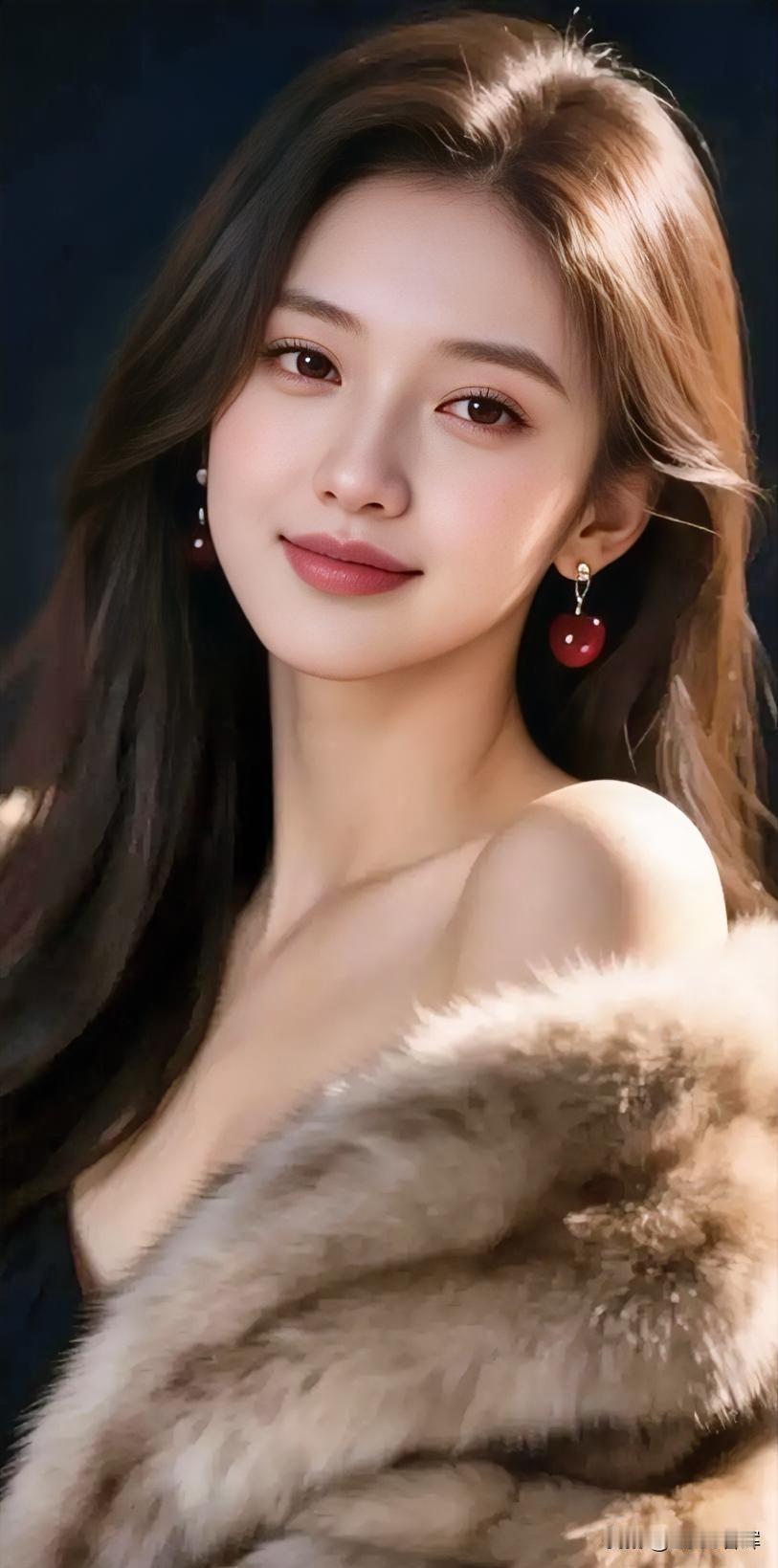 暖光轻笼她的轮廓，樱桃耳坠摇醒一抹红韵。毛绒披肩，裹住冬日的温柔。长