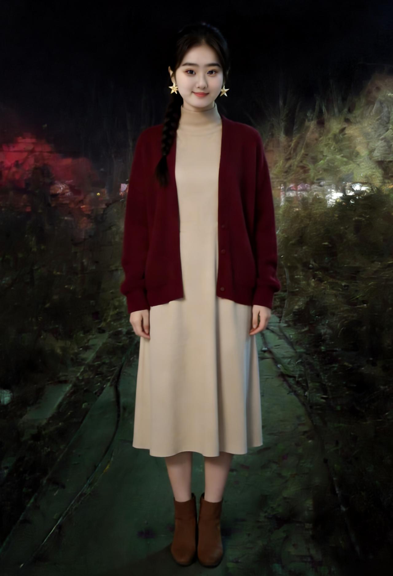 河畔寒灯映素冰，佳人衣袂惹霞升。纵然朔气凝千丈，难掩玉足踏雪行。