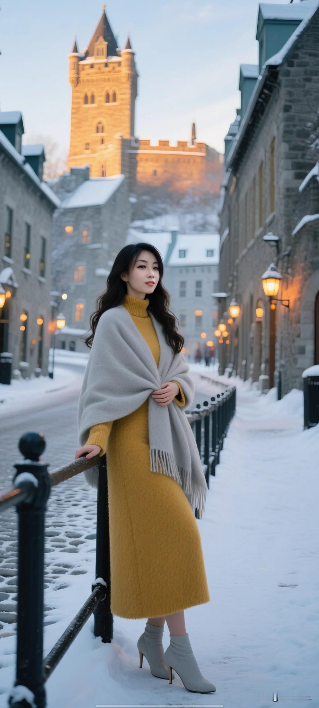 写实风格，无AI感。获奖风格摄影佳作，画面拍摄于加拿大魁北克老城冬日雪景中，背景