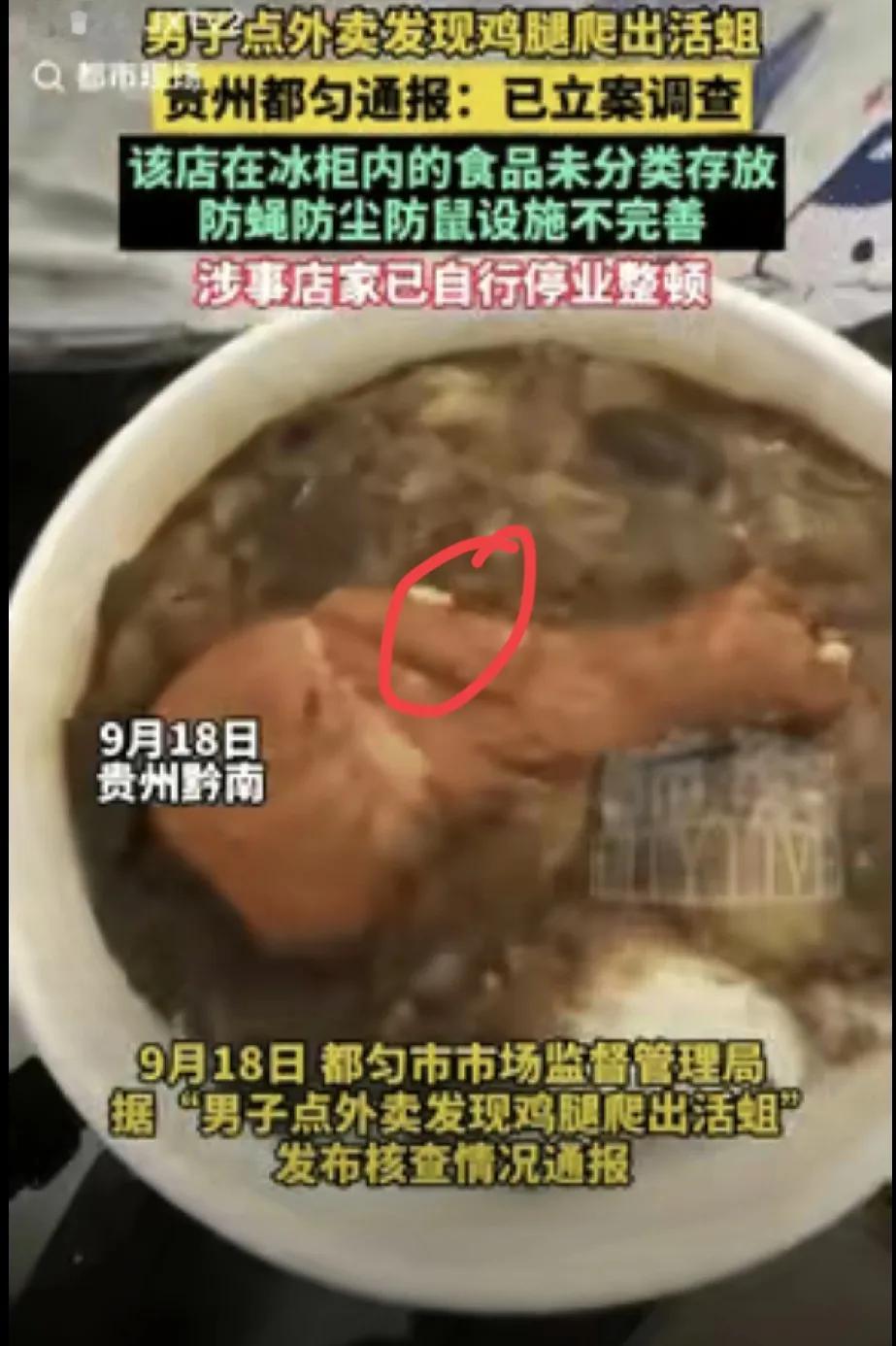 贵州一男子和女友点了一份鸡腿饭，结果打开饭盒一看，竟然有活蛆在爬，女友被吓哭了。