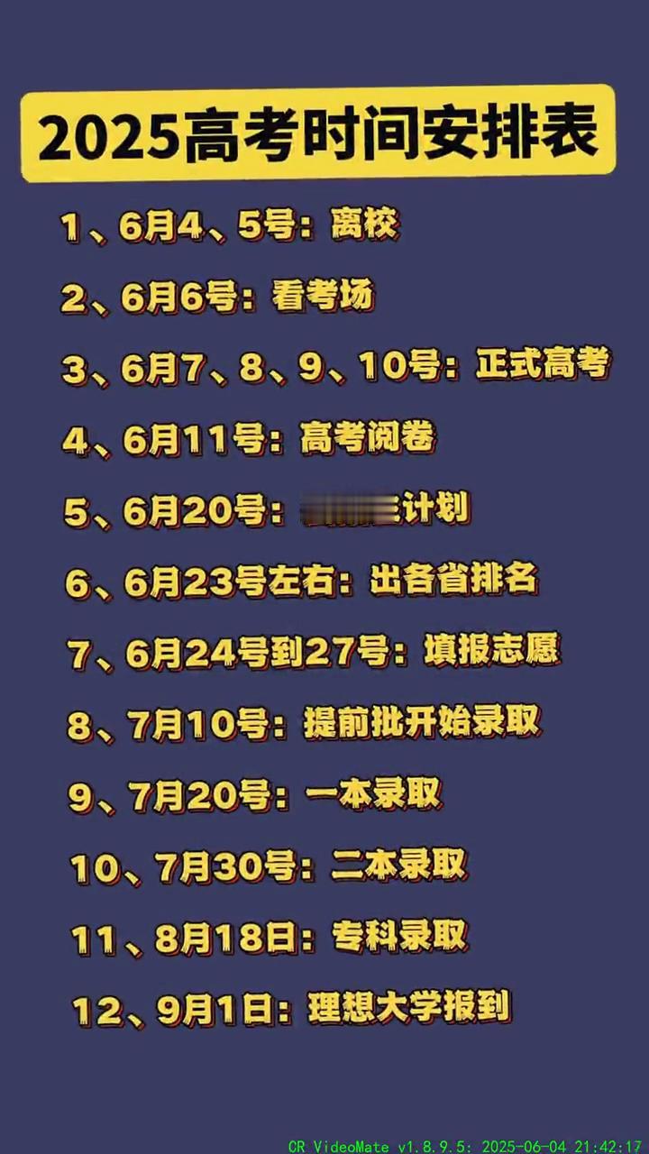 2025高考时间安排表。·1、6月10号：看考场。·2、6月6号：看考场。