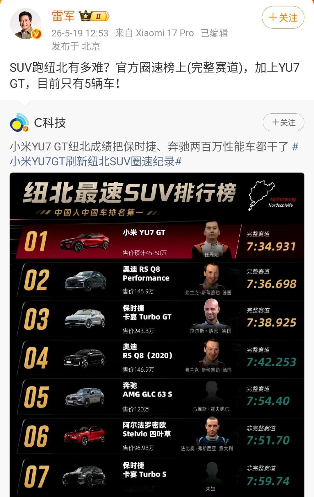 雷军：SUV跑纽北有多难？官方圈速榜上(完整赛道)，加上YU7GT，目前只有5