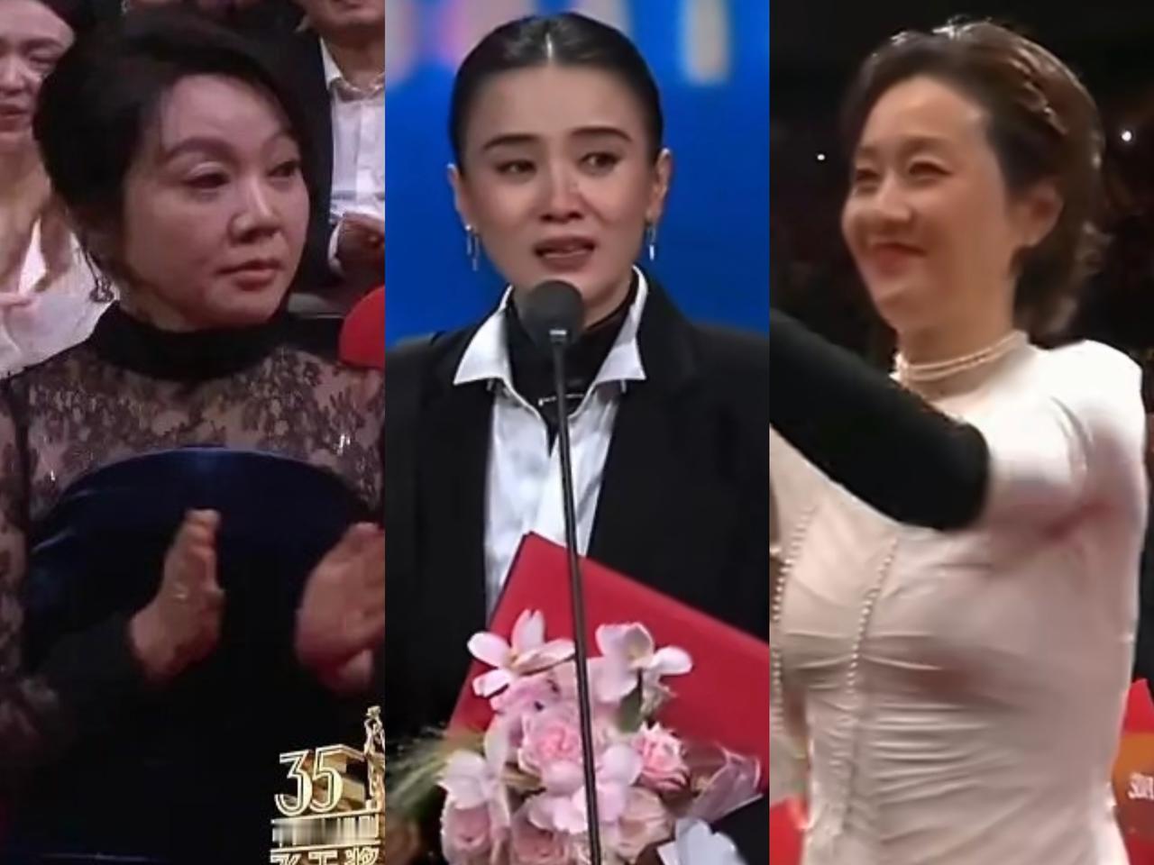 飞天奖最佳女主揭晓的一刻，马伊琍激动的起身祝贺，欣赏之情溢于言表。而闫妮笑容僵硬