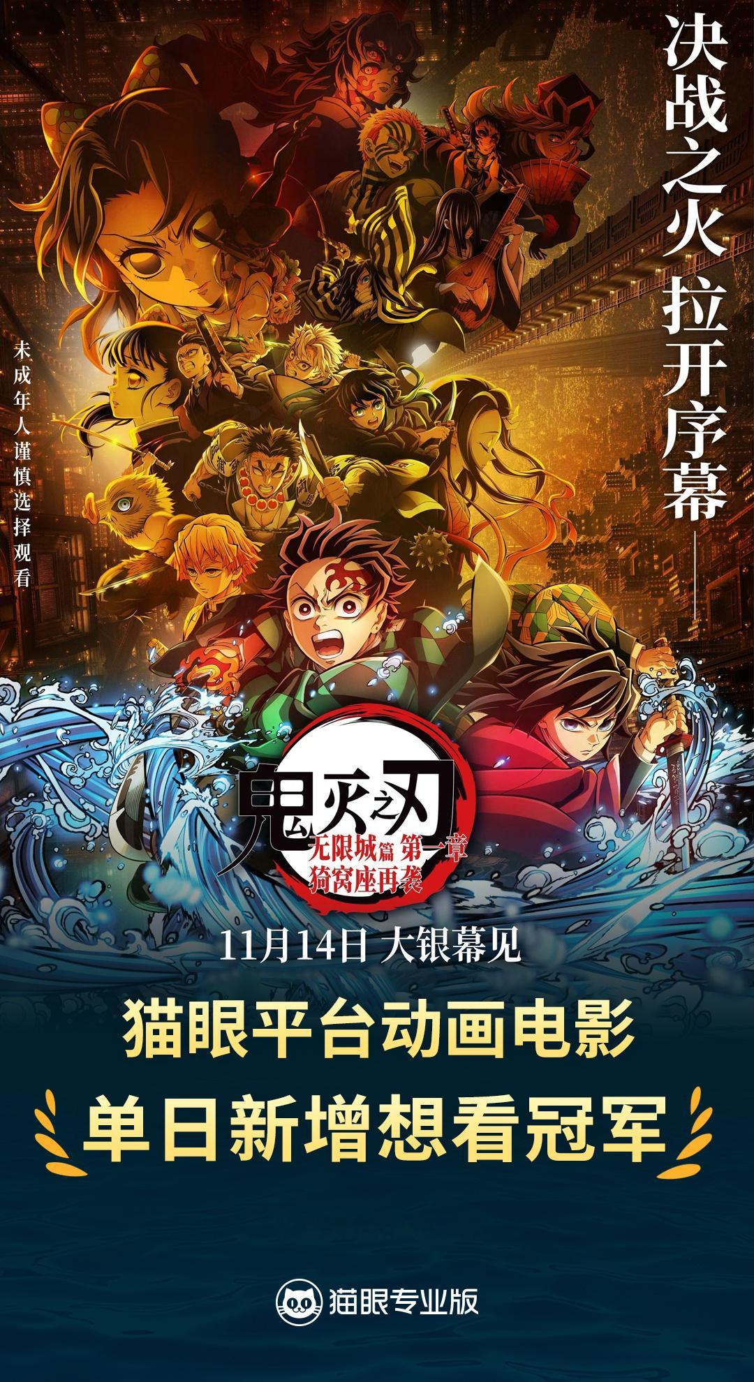 鬼灭之刃动画电影单日想看冠军据猫眼专业版数据，《鬼灭之刃：无限城篇第一章