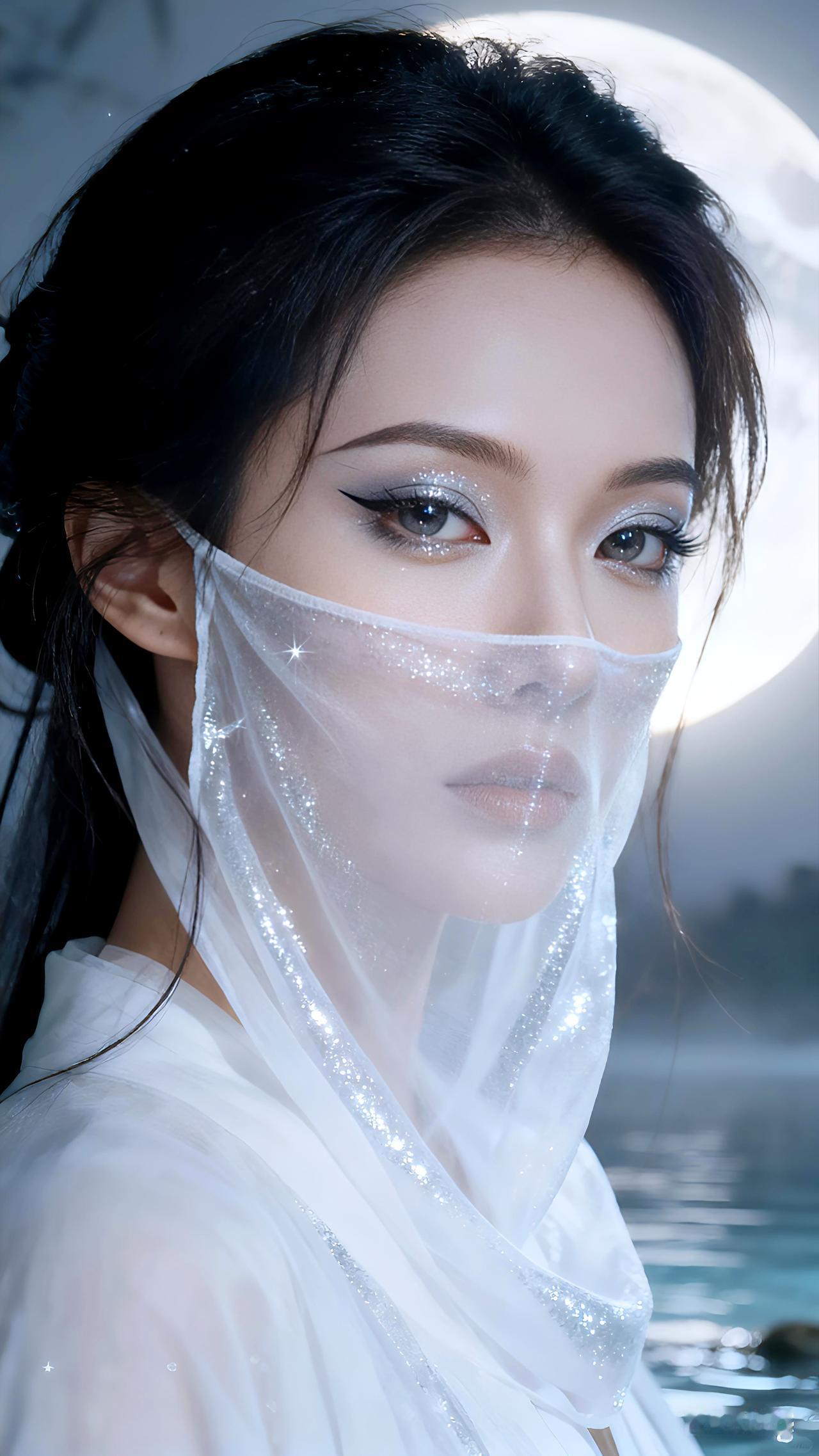 寒潭月影笼轻纱，眸藏星子漾清寒壁纸写真豆包ai