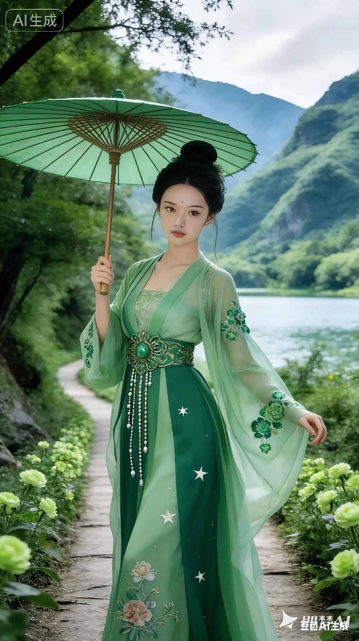 犹如从古代画卷中走出的仙子，清丽脱俗。她身着华美的汉服，精巧的绣花与流苏摇曳